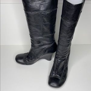 Black patchwork leather wedge boots